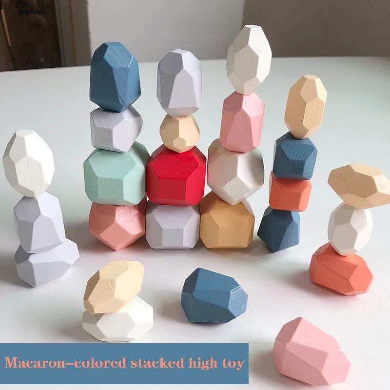 

16 Pcs Children's Wooden Colored Stone Jenga Building Block Educational Toy Nordic style stone shape stacked toy gifts Boy girl