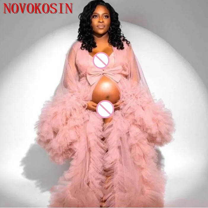 

2021 Plus Size Prom Dress Ruffles Full Sleeve Pregnant Women Sheer Robe Shawl Maternity Pregnant Studio Photo Shoot Party Cloak