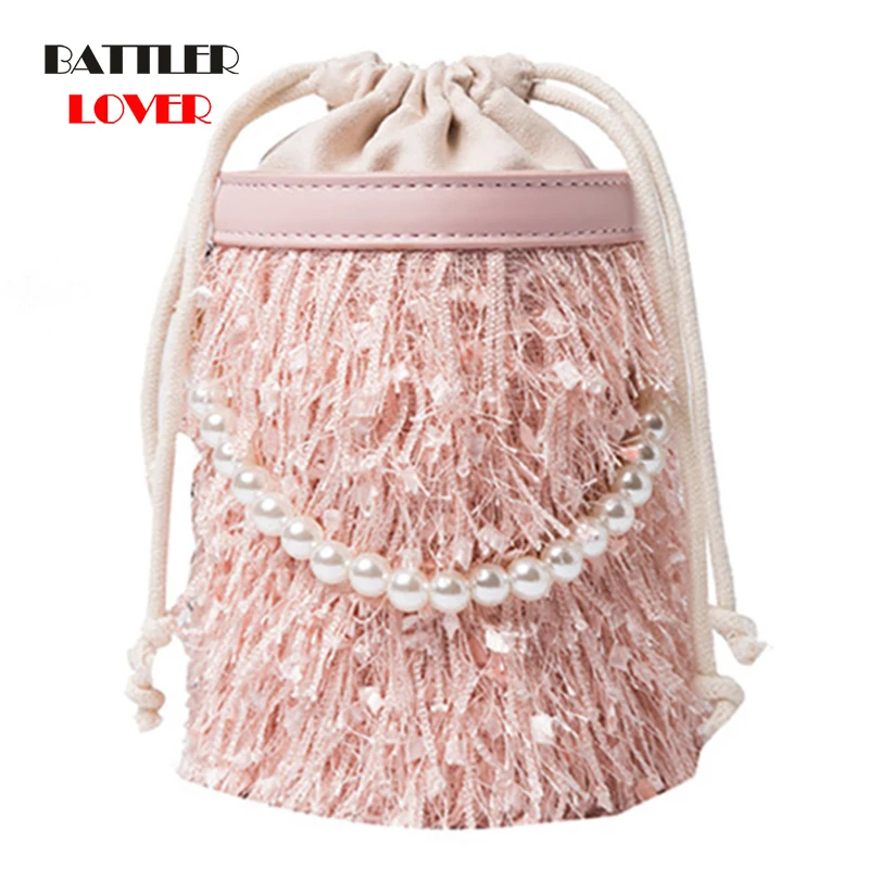

High Quality Small Fresh Fringed Bucket Bag for Women 2021 Popular Trendy Fashion Pearl Chain Messenger Purses All-Match Handbag