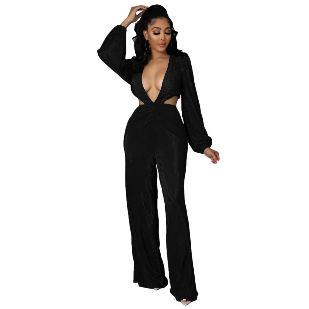 

Black Pleated Long Sleeved Jumpsuit 2022 Spring Wrapped Chest Sexy Womens V Neck Slim Fit African Jumpsuit Loose Casual Trousers