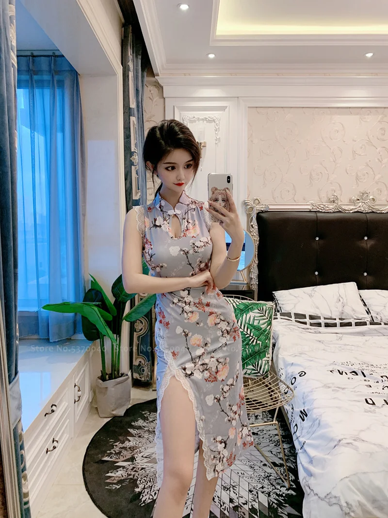 

Women Sexy Elegant Hanfu Lace Long Dress Chinese Style Retro Print Cheongsam Traditional Qipao Carnival Banquet Party Costumes