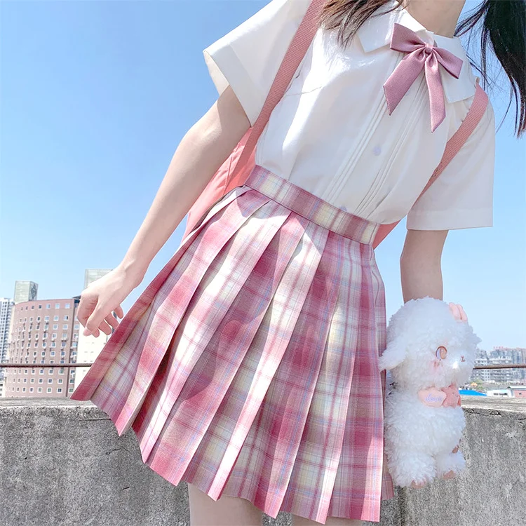 

Женская розовая клетчатая плиссированная юбка с завышенной талией в стиле Харадзюку, милая привлекательная мини-юбка трапециевидной формы...
