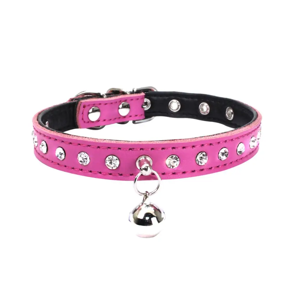 

Dog Collars Products Puppy Crystal Color PU Leather Suede Cat Necklace Neck Strap With Hanging Bell