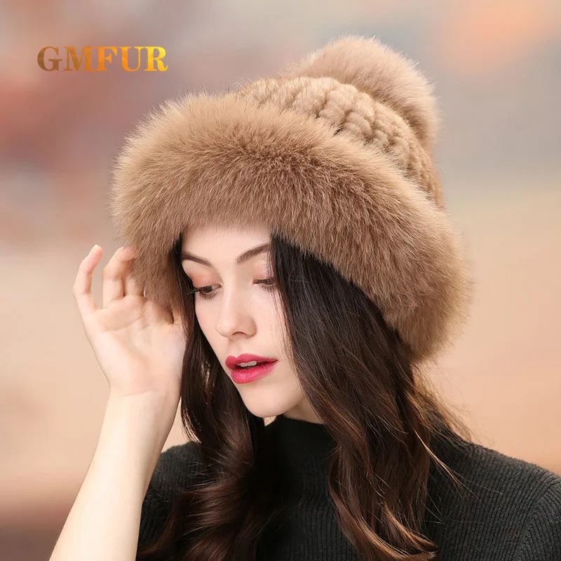 Real Mink Fur Hats Winter Women Luxury Natural Knitted Mink With Fox Fur Cap Warm Fluffy Casual Fox Pompon  Fur Hat Lady