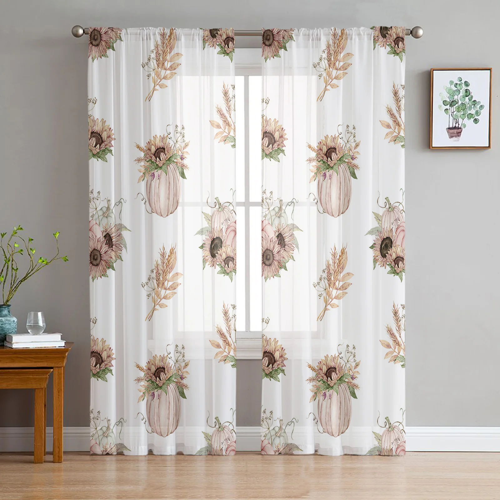 

Autumn Thanksgiving Pumpkin Sunflower Sheer Curtains for Living Room Bedroom Home Decor Chiffon Voile Christmas Curtains
