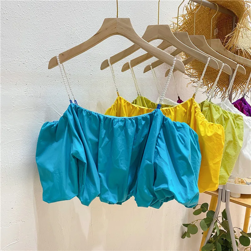 

2021 Summer New Ladies Sling Off-Shoulder Puff Sleeve Shirt Women's Western Off-the-Shoulder Short Top Fashion Solid Blouses