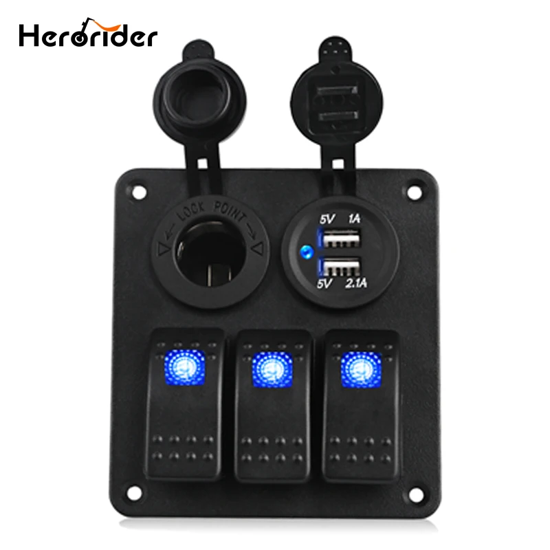 

Herorider Marine Boat Car Switch Panel 3 Gang with Cigarette Socket Dual USB Slot Blue LED light On/Off Rocker Switch Panel Car