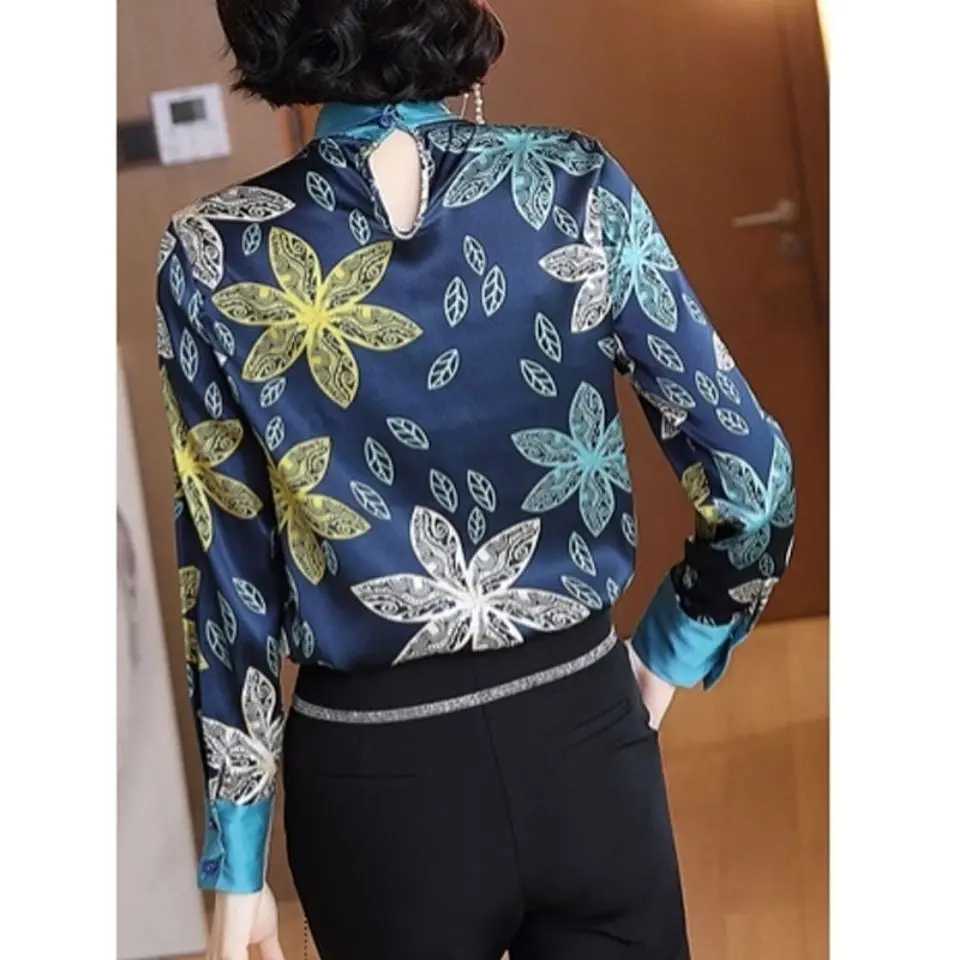 

French High-end Fashion Printed Bow Satin Silk Shirt With 2021 Fashion