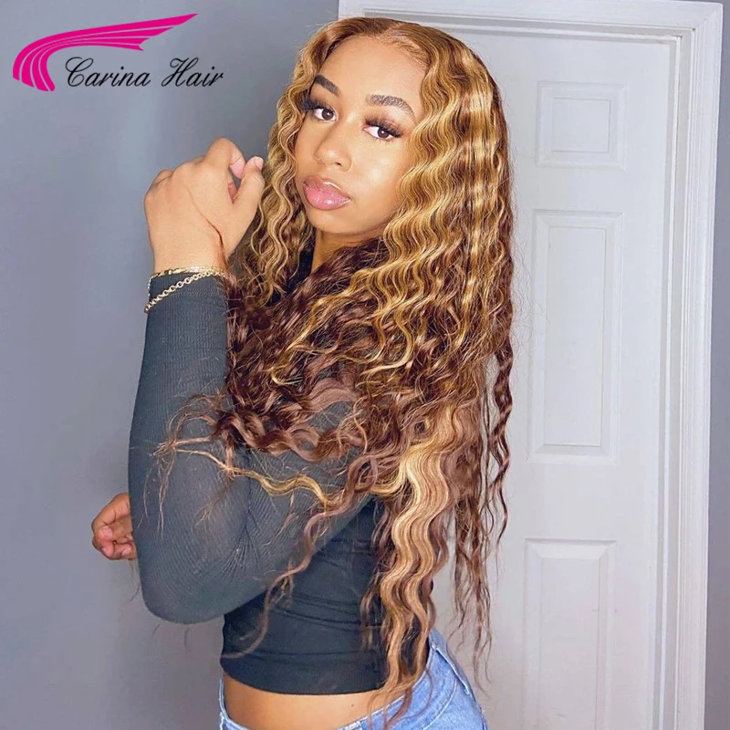 #4/27 Highlight Colored Human Hair Wigs Pre Plucked 13X6 Lace Front Deep Wave Ombre Remy 360 Frontal | Шиньоны и парики