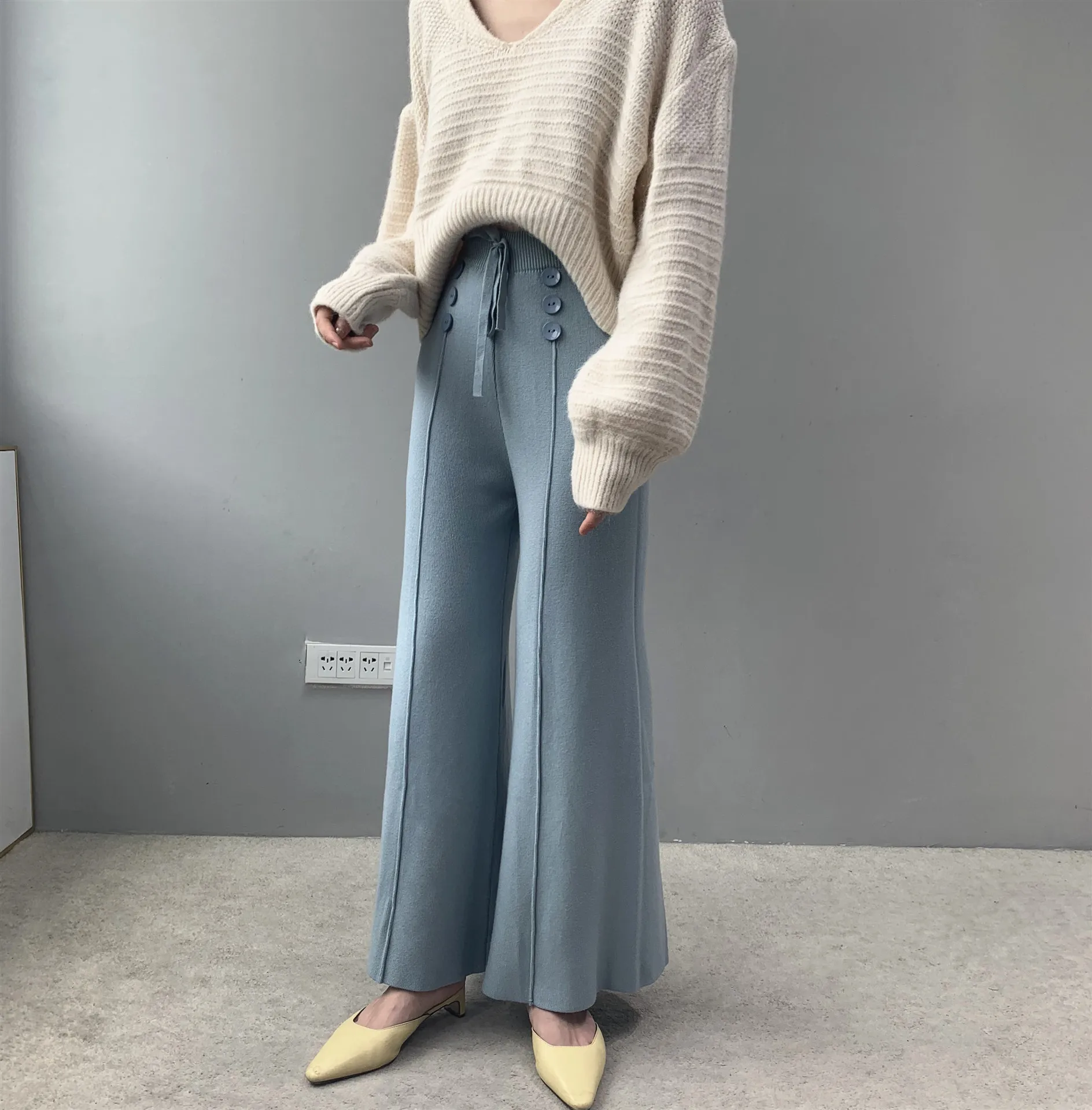 Для женщин брюки Новинка весны мягкий вощеный удобные WaistCashmere трикотажные брюки женская, одноцветная брюки с широкими штанинами Повседневное