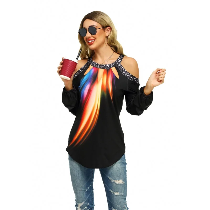 Сексуальная черная футболка с открытыми плечами женская длинным рукавом и принтом полярных фонарей Топ для