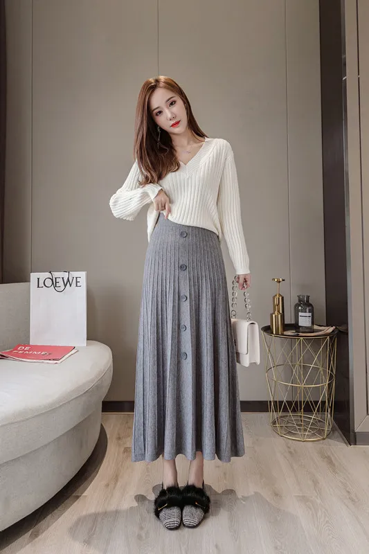 sweater with skirt Комплект из 2 предметов, женский осенне-зимний вязаный пуловер с v-образным вырезом, топ и плиссированная длинная юбка, комплект из 2 предметов, свитер, костюмы - Цвет: sweater with skirt