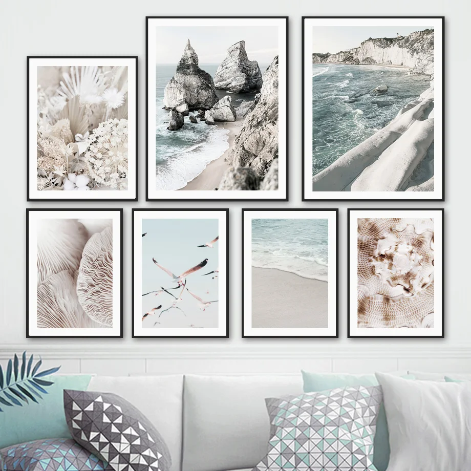 

Beach Cliffs Jetty Seashell Seagulls Dried Flower Wall Art Print Canvas Painting Nordic Poster Decor Pictures For Living Room