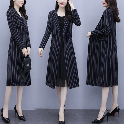 

Striped Long Trench Coat Plus Size 5xl Casaco Feminino Design Office Lady Overcoat Turn-down Collar Chaqueta Mujer Clothes