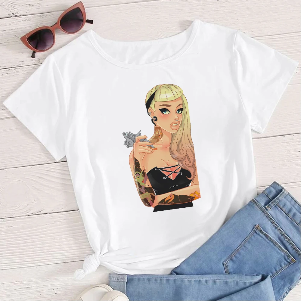 

Disney Punk Cool Women T Shirt Exquisite Vintage Short Sleeve Modern Princesse Printed Fashion Streetwear Tshirts Summer Top