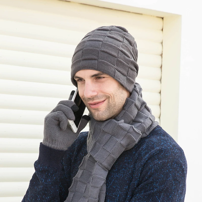 

Unisex Beanies Hat Ring Scarf Gloves Set Winter Knitted Thick Warm Cap Men Solid Retro Beanie Hat Soft Touch Screen Gloves