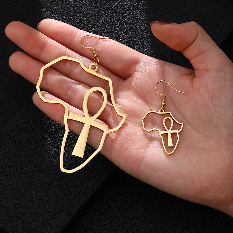 SONYA Stainless stee African Map Big Ankh Earrings Exaggerate Larger Earring Africa Egypt Nile Key Ethnic Hyperbole Gift