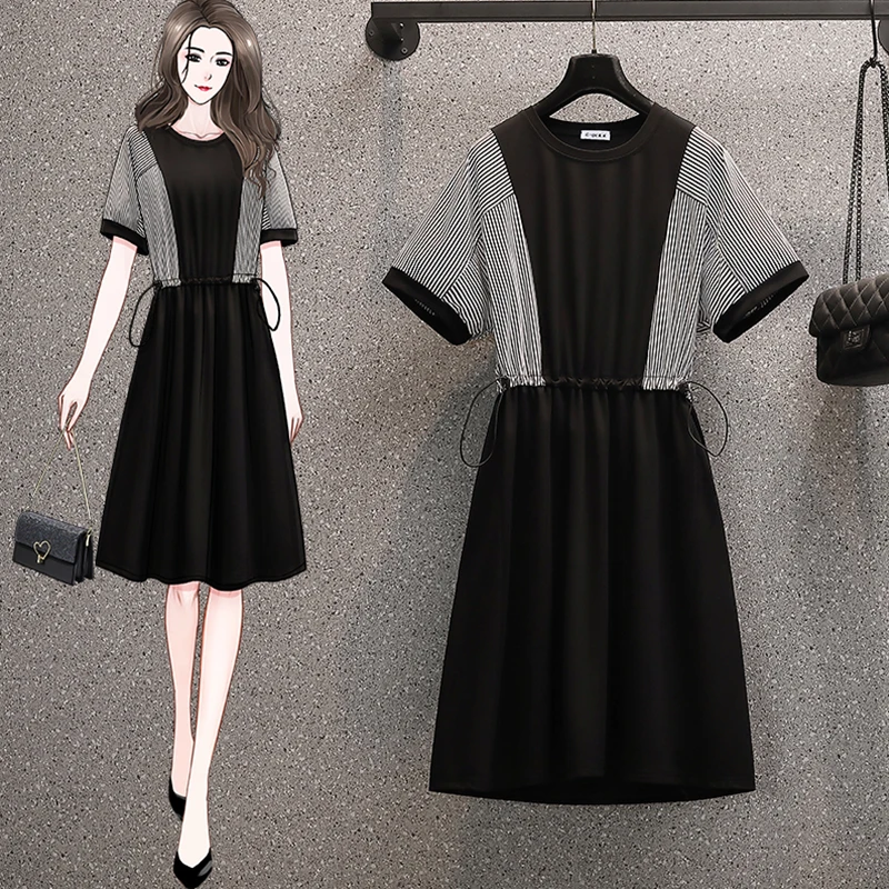 

4XL Plus Size Women Striped A-Line Dresses Summer 2021 Short Sleeve Patchwork Drawstring Waist Loose Casual Cotton Tshirt Dress