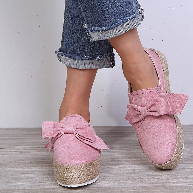 

2021 New Solid Color Flat Shoes Straw Woven Platform Bow Shoes Ladies Casual Shallow Mouth Large Size Women's Women's Shoes