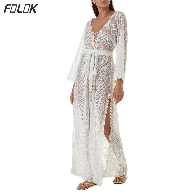 Женское длинное пляжное платье с кружевным поясом накидка на бикини купальник