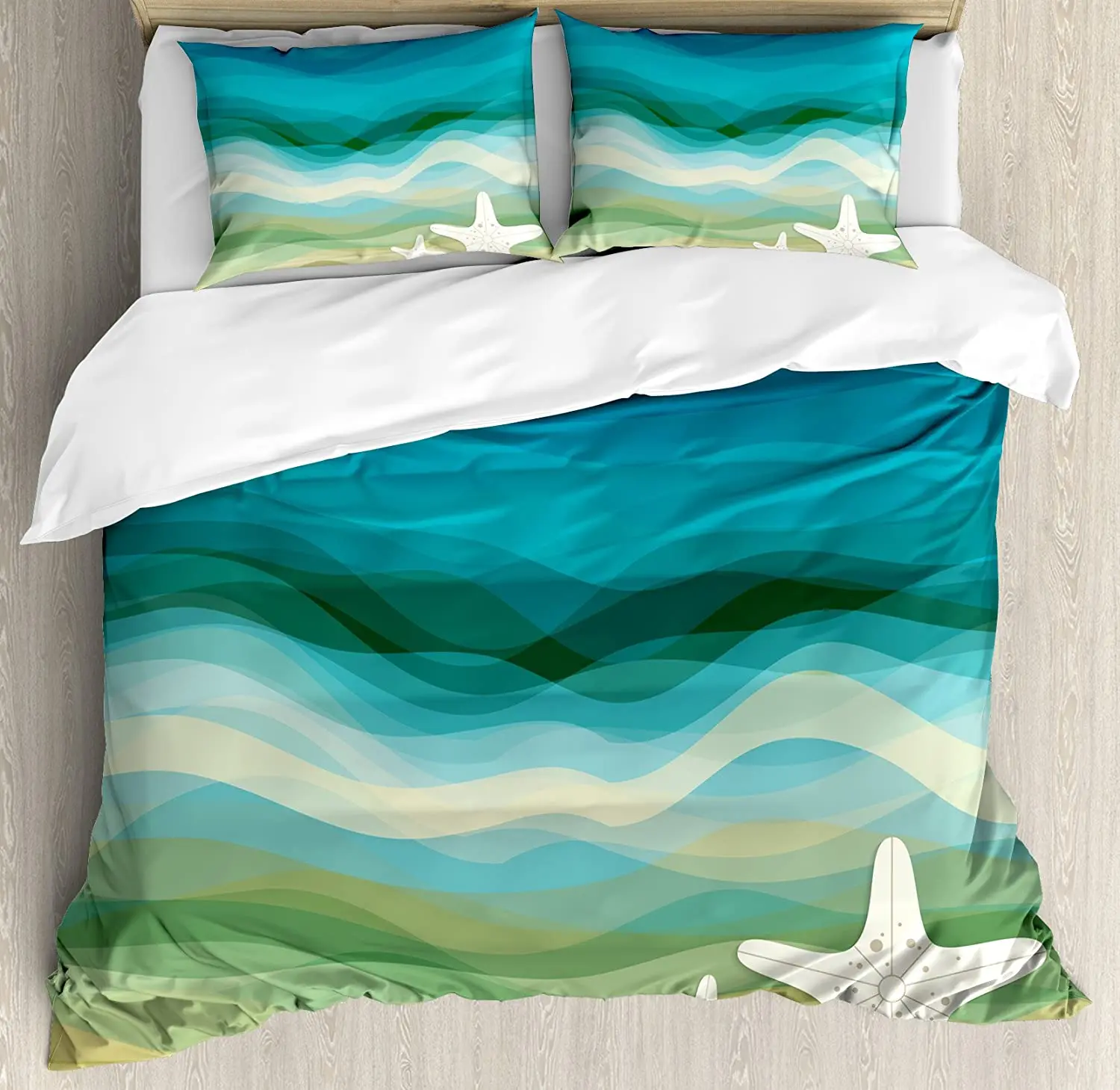 

Abstract Duvet Cover Set Abstract Design Modern Illustration of Waves Starfish Sandy Beach Aquatic Theme Bedding Set for Home