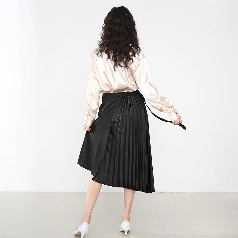 

[EAM] HighWaist Black Asymmetrical Pleated Temperament Long Half-body Skirt Women Fashion Tide New Spring Autumn 2021 A779