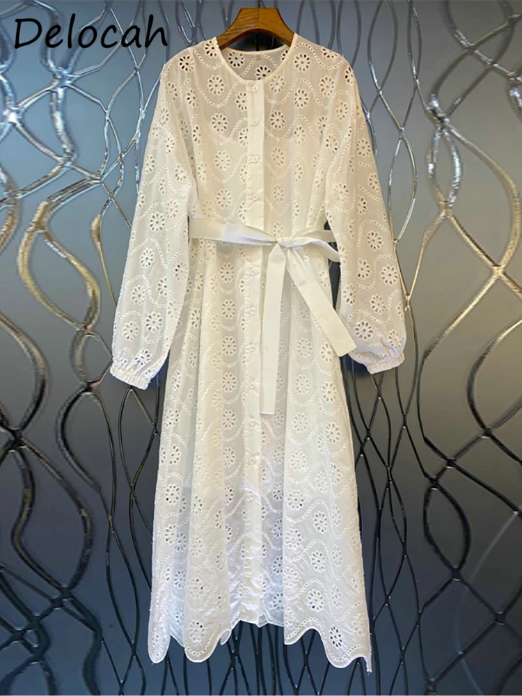 

Delocah High Quality Summer Women Fashion Runway Party Long Dress Lantern Sleeve Sashes Hollow Out Solid Color Dresses Vestidos