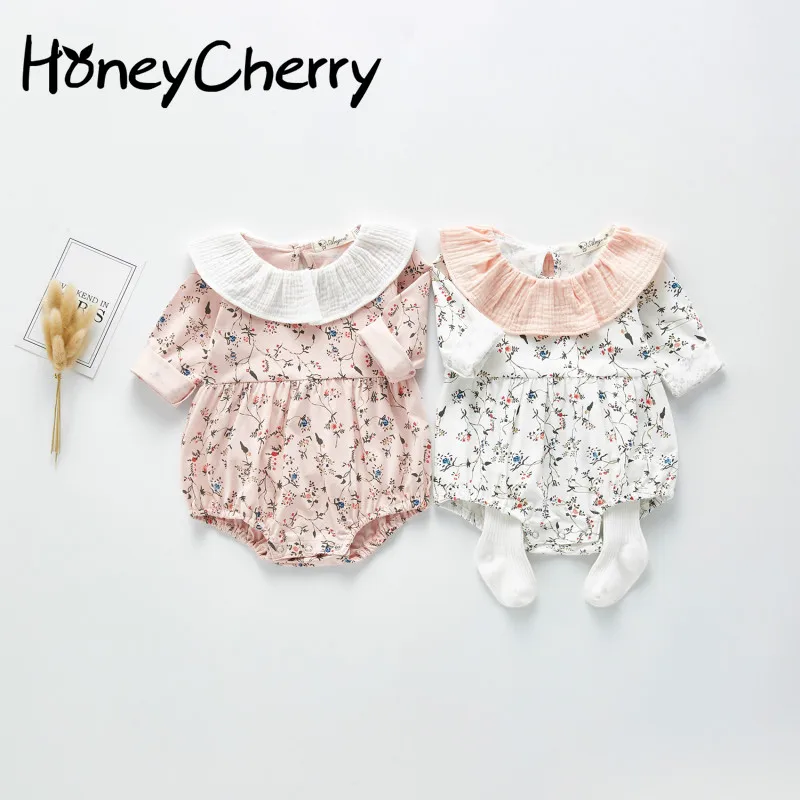 

2021 Spring New Baby Bodysuit Happy Clothes Girl Little Flower Baby Collar One Piece Creeper Newborn Baby Girl Clothes