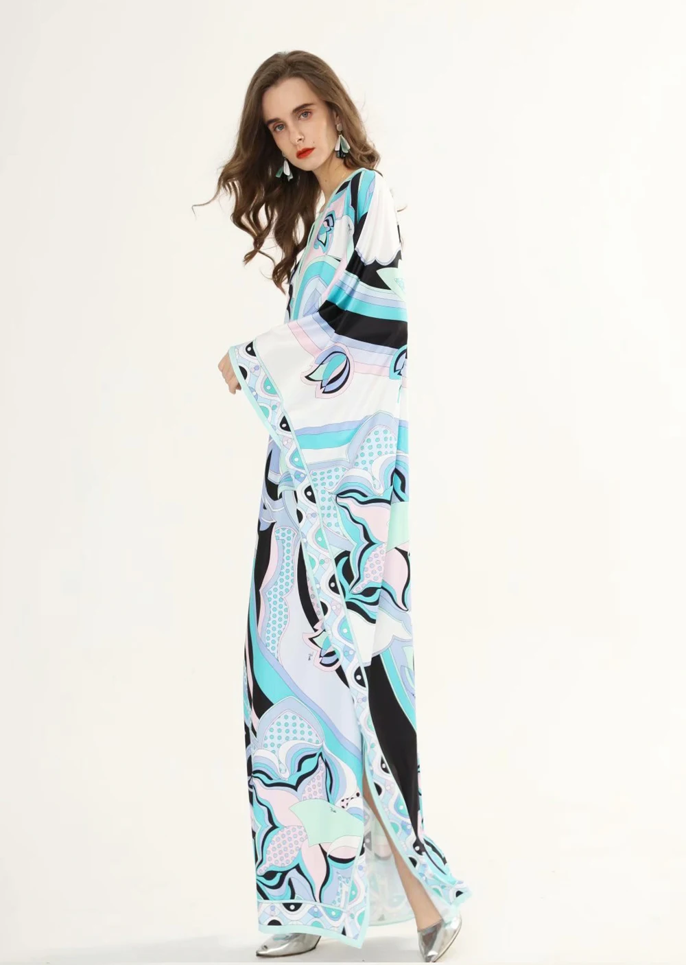 

Autumn New Women's Runway Dresses O Neck Batwing Sleeves Printed Loose Deisgn Plus Sizes Holiday Knitted Elastic Long Maxi Dress