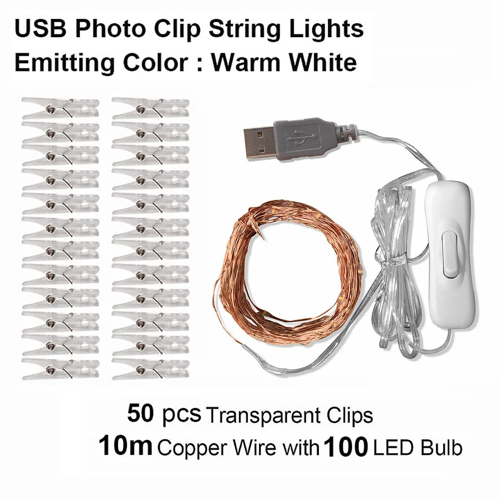 10m 100 LED USB Гирлянда на батарейках 10 м 100 светодиодный Сказочный свет Батарея фото клип медный провод гирлянды USB гирлянда уличнаясветодиодный светильник Свадьба Рождество открытый декоративный гирлянда лампочки светодиодная ги - Испускаемый цвет: 10m 100 LED USB