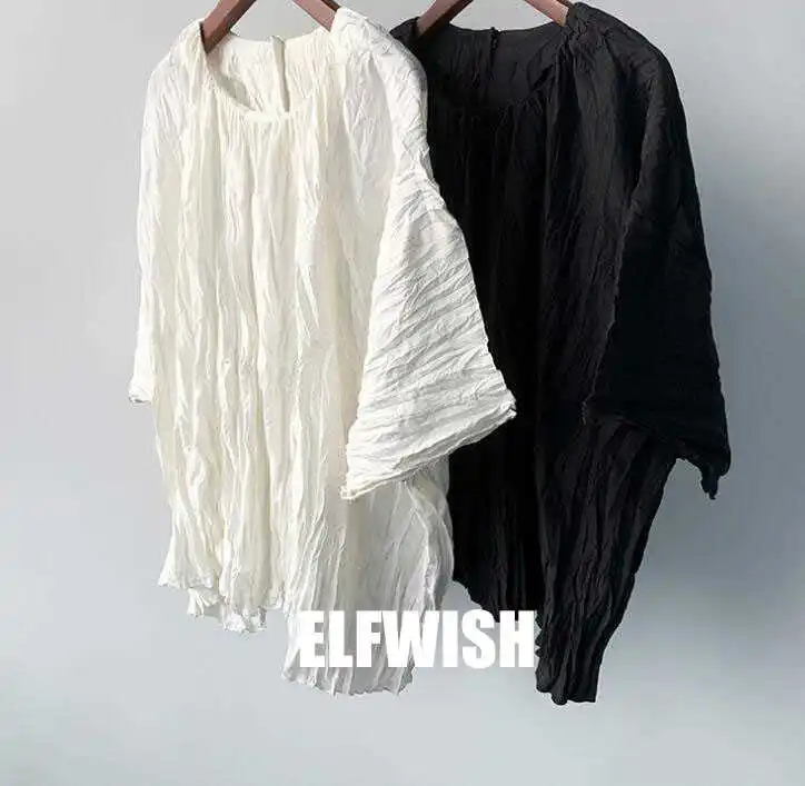 

Woman White Black Crinkled silk Tops Tshirt Round Neck Folds detail Blouse Drop Shoulder oversized top 2021SS