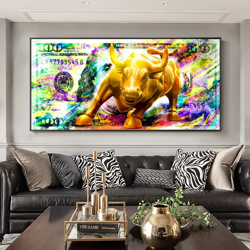 

Green Bull Red Bear Animal Picture Dollars Color Angry Cow Wall Art Money Poster Canvas Painting Living Home Room Decoration