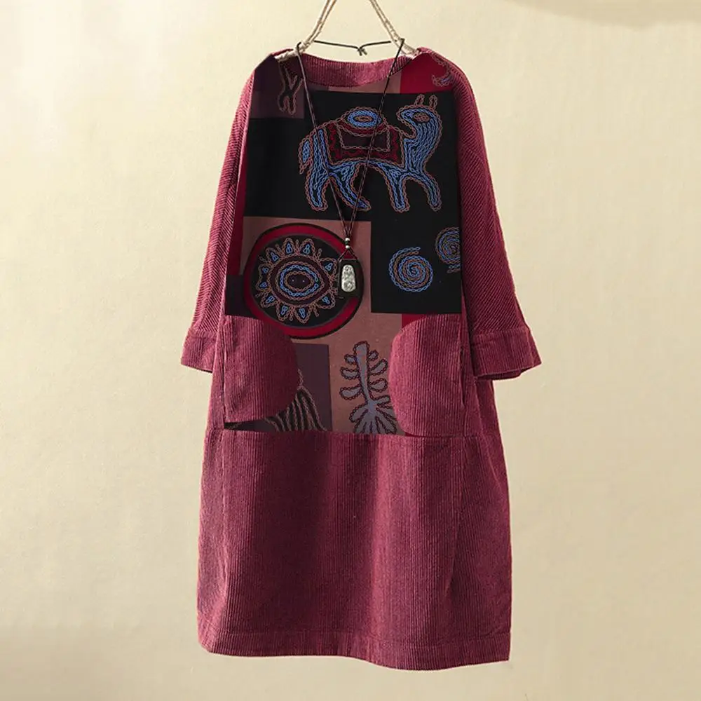 Женские винтажные вельветовые платья с этническим принтом лоскутное платье