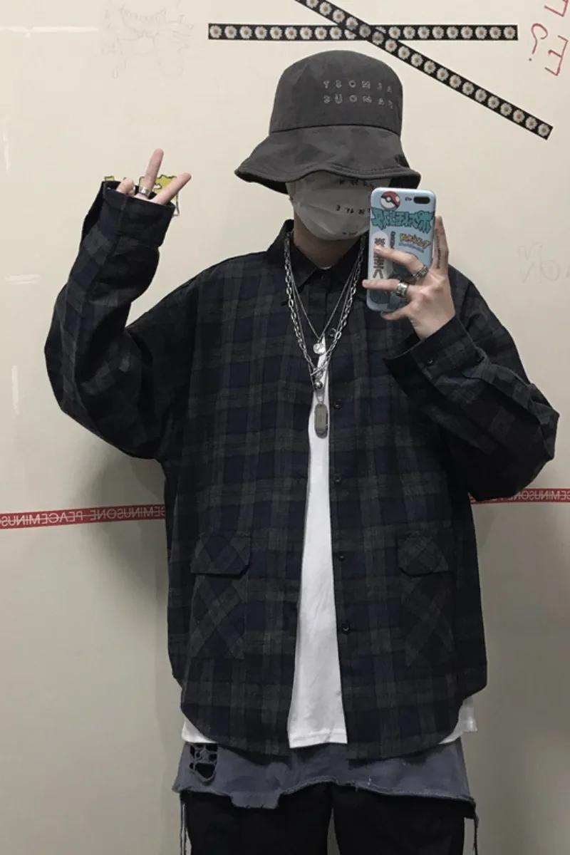

Men Plaid Shirt Long Sleeve 2021 Spring Japanese Harajuku Hip Hop Shirts Fashion Oversized Shirs Vintage Streetwear Couples Top