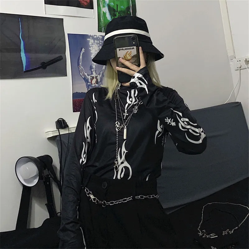 NYOOLO Harajuku Дизайн Символ печати водолазка рубашка осень уличная тонкая футболка с длинными рукавами женская одежда Топ