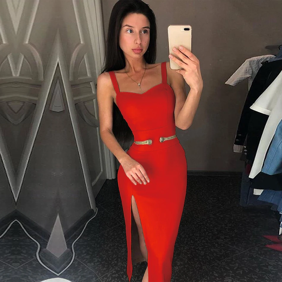 Лето 2020 Новое Женское Бандажное платье Красный абрикосовый спагетти Bodycon Vestidos