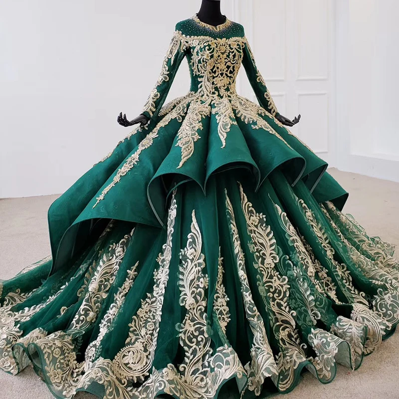 HTL1099 Luxury Green Crystal Evening Dress 2020 Long Sleeve Appliques Beading Ball Gown Lace Up Back Plus Size