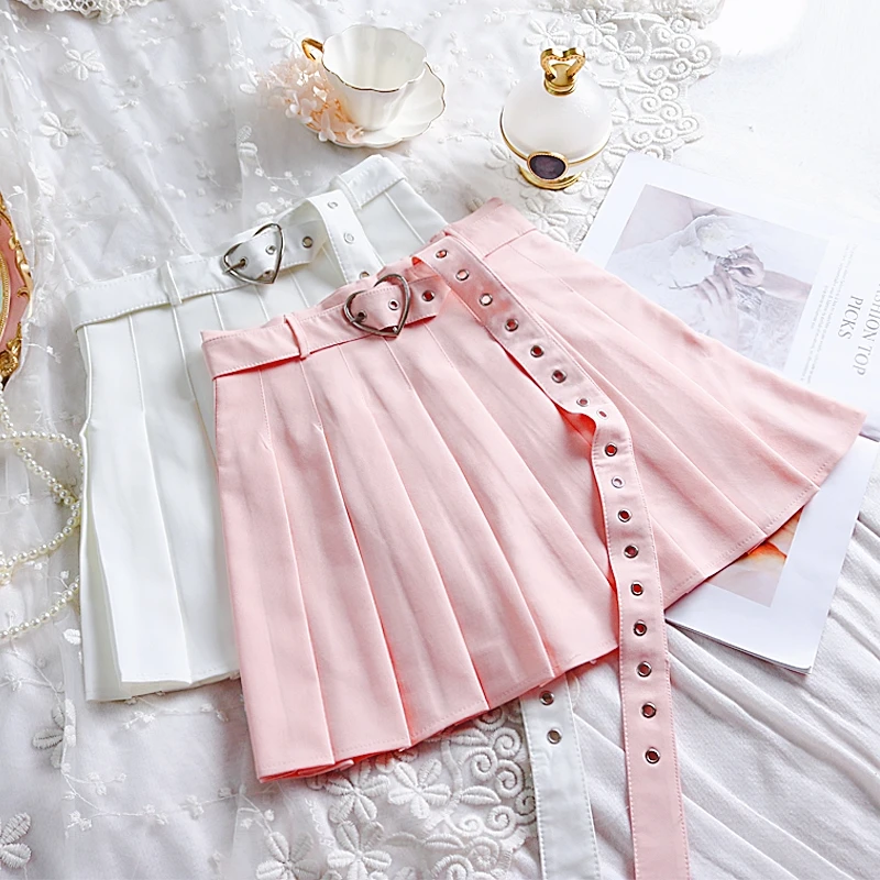 New Summer Women Pleated Skirt High Waisted Heart Shape Sashes Women Pleated Short Skirt High Quality