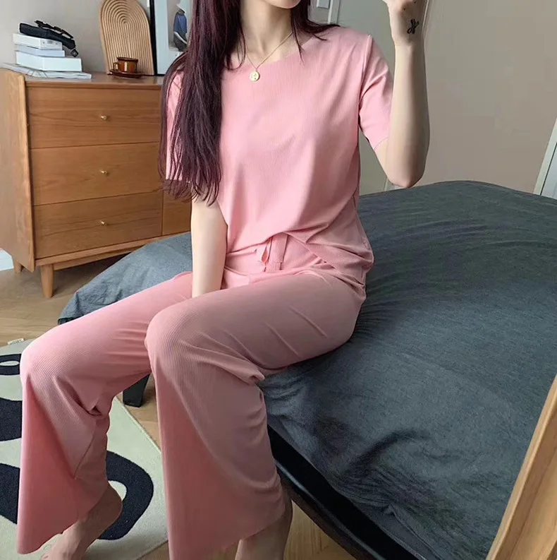Spring Summer Fashion Short Sleeve Nightwear Wide Leg Suit Age Reducing Slim Casual Home Wear Women's Pajamas Sets Sleepwear