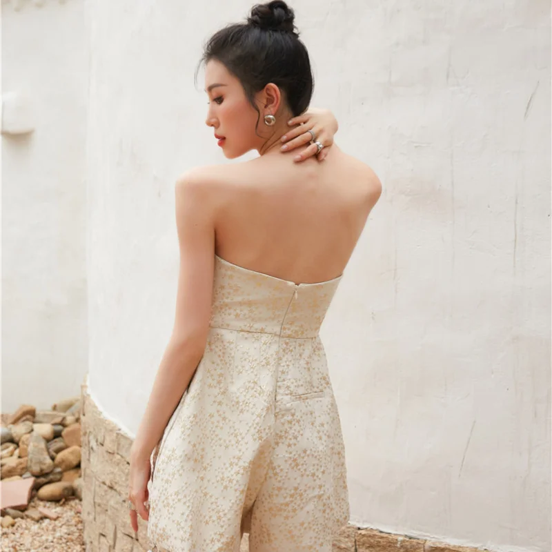 

Kimotimo Star Jacquard Jumpsuit Women Ins Sleeveless Strapless 2021 Summer New Bow Waist Playsuit Office Lady Backwood Onesie