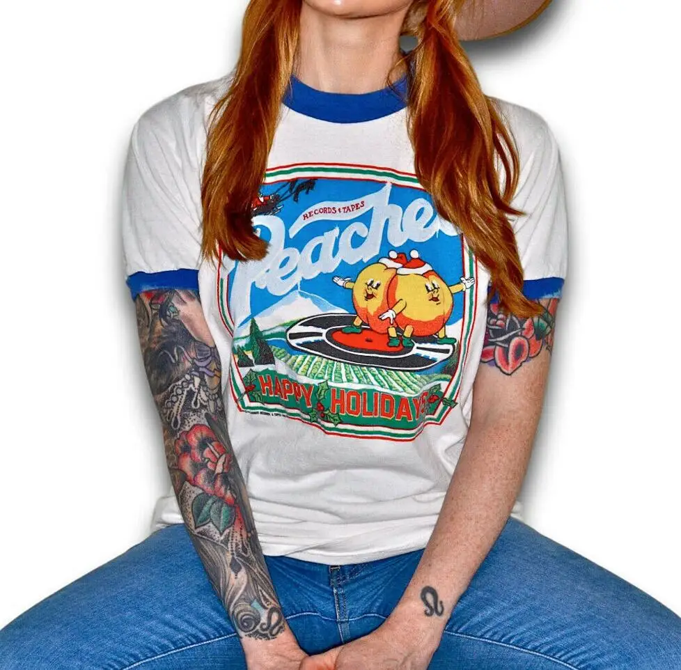 Графический Happy Hoilday Винтажная футболка унисекс короткий рукав персик размера