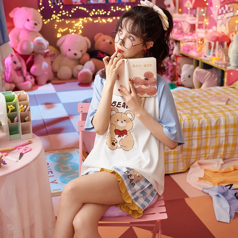 

Летние шорты с коротким рукавом для отдыха Ночная одежда для девочек Новинка женские пижамные комплекты корейская мода зеленая Милая пижам...