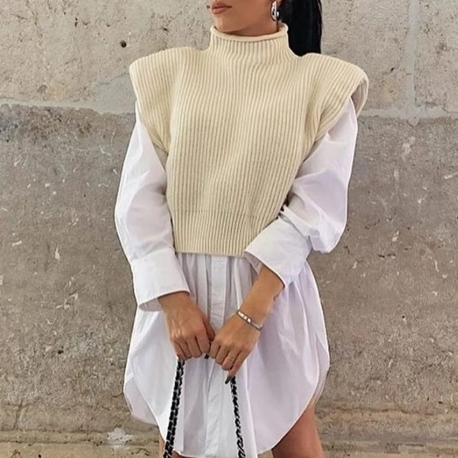 

V-neck Knitted Vest Women's High Collar Shoulder Pads Sweater Autumn New Korean Loose Wild Sweater Pullover Sleeveless Sweaters