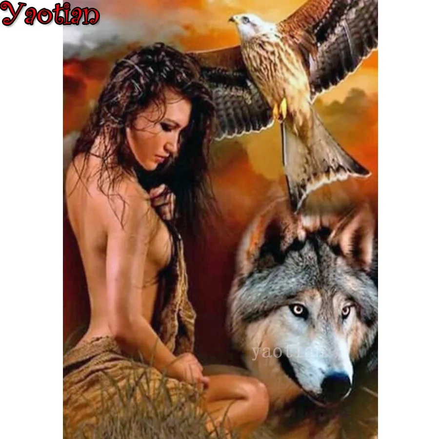 

Full Round Square Drill 5D Crystal Rhinestones Mosaic Needlework Indian Woman Wolf Eagle Picture Diy Diamond Embroidery Gift New