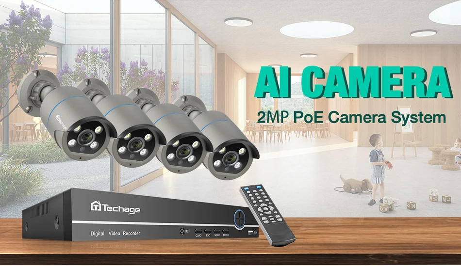 Techage H.265 4CH 1080P POE NVR комплект CCTV система безопасности 2 способ аудио 2MP AI IP камера ИК наружный комплект видеонаблюдения 2 ТБ HDD