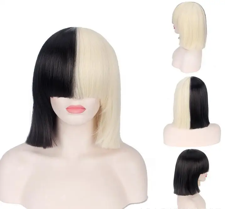 

35CM This Is Acting Sia Women Black Blond Short Straight Wig Cosplay Costume Heat Resistant Synthetic Hair Women Cosplay Wigs