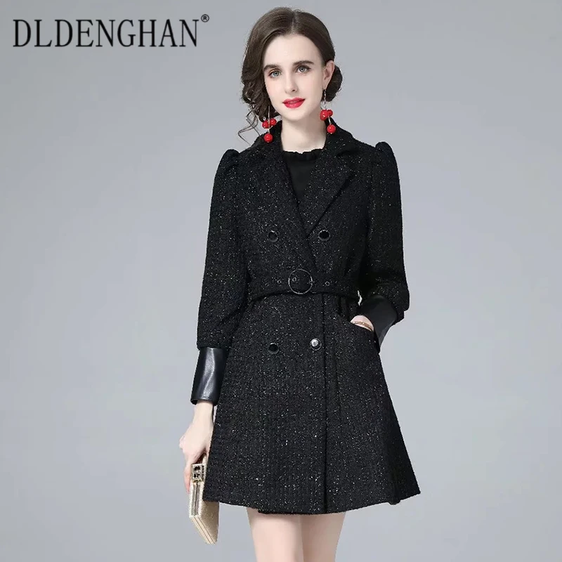 

DLDENGHAN Designer Autumn Winter Tweed Trench Coat Woman PU Patchwork Long Sleeve Sashes Double Breasted Overcoat Outwear