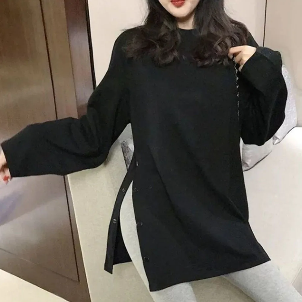 

Женская футболка с длинным рукавом, круглым вырезом и разрезом