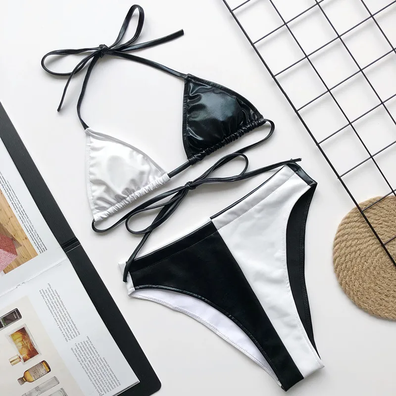 Gold PU Bikini Patchwork High Leg Cut Swimwear Women Waisted Bathing Suit Sexy Push Up Swimsuit Bright Leather Bikinis 2020 | Женская