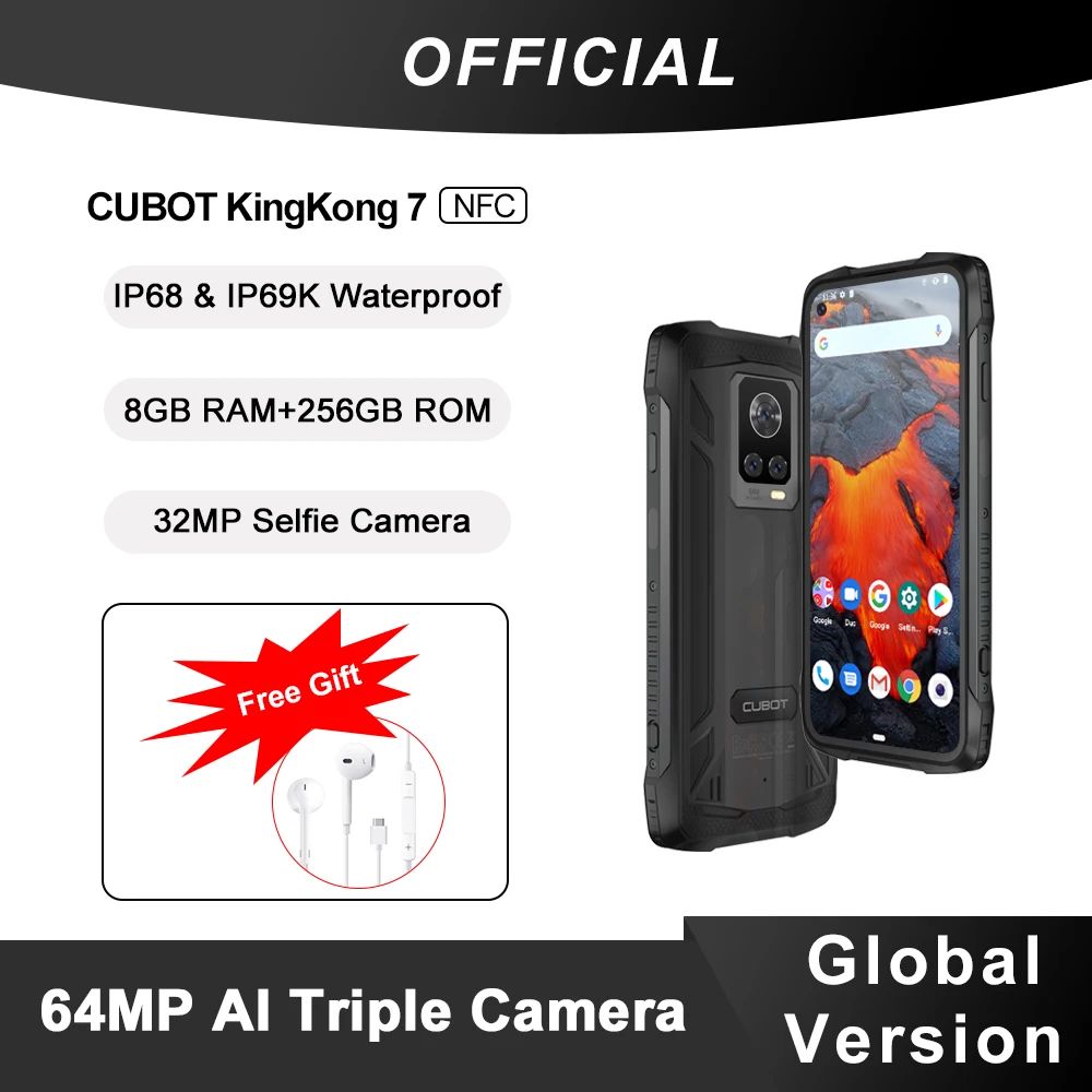 Cubot King Kong 7, IP68 IP69K водонепроницаемый смартфон, 6,36-дюйма FHD+ экран, тройная камера 64МП, 8ГБ ОЗУ, 256 ГБ ПЗУ (поддержка расширенна 256ГБ), Селфи камера 32 МП, 5000мАч Батарея, NFC,телефоны смартфоны, OTG - изображение